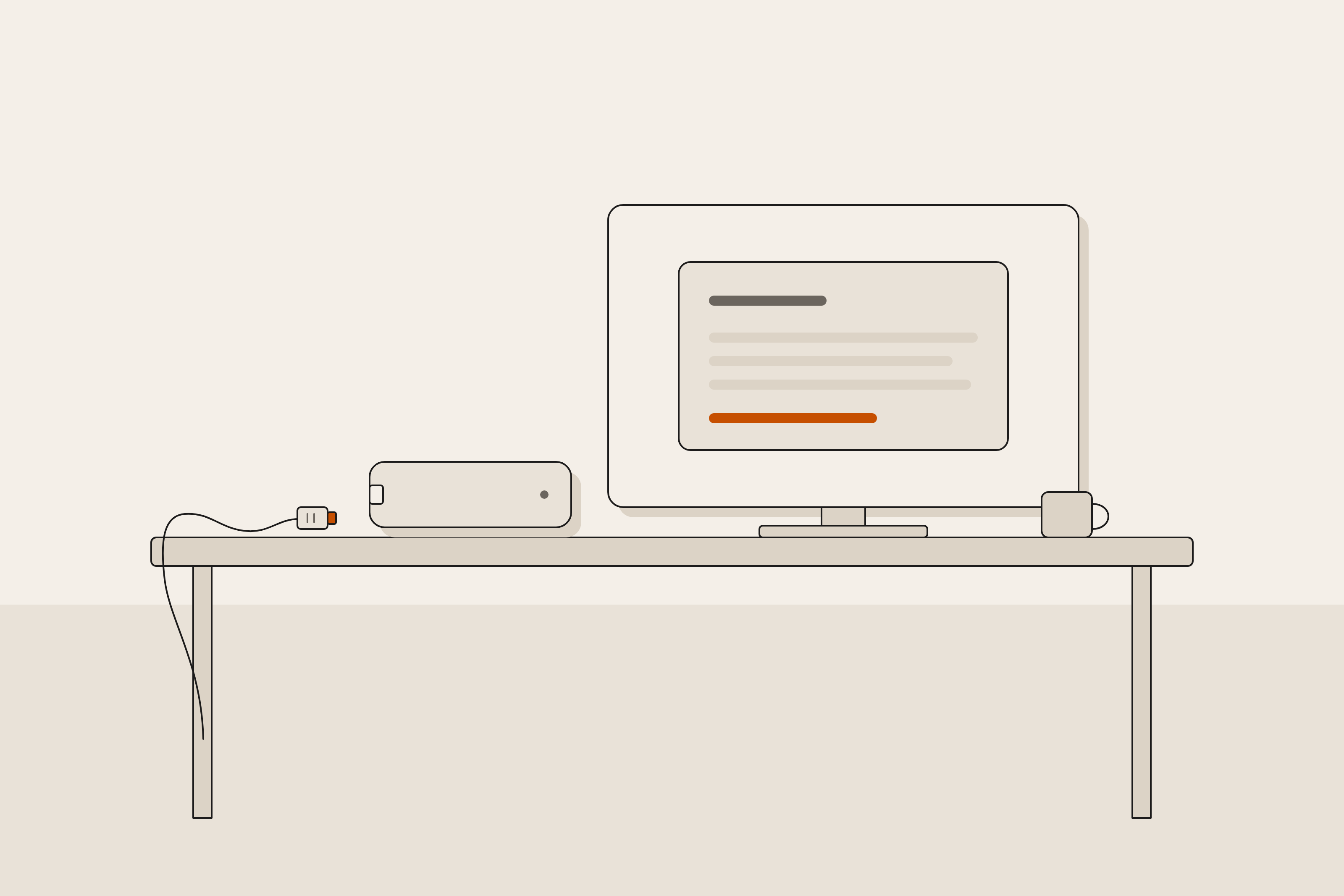 Flat illustration of a Mac mini on a desk with its network cable unplugged, and a screen beside it showing an answer