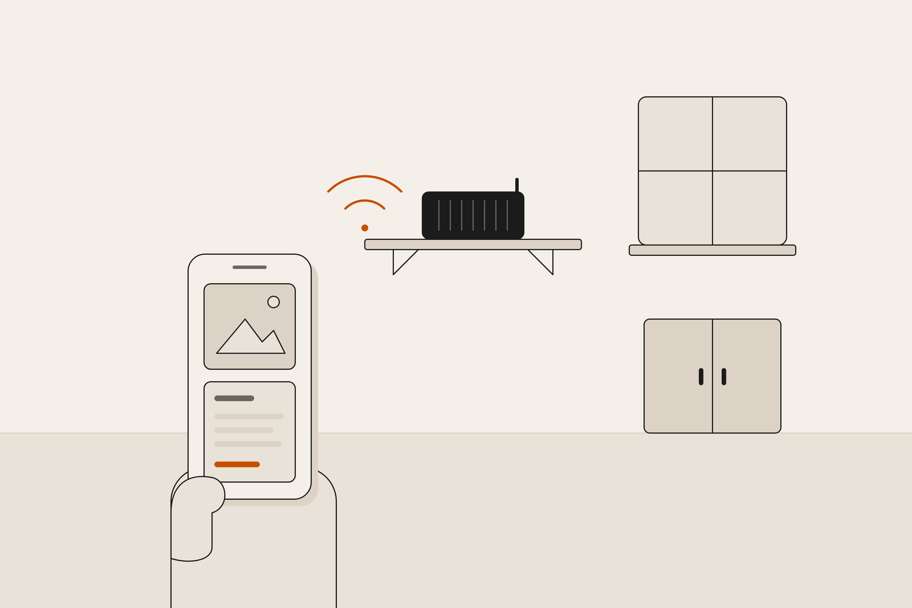 Flat illustration of a small box on a clinic shelf and a phone in the foreground joined to it over Wi-Fi, the phone showing a photo and an answer