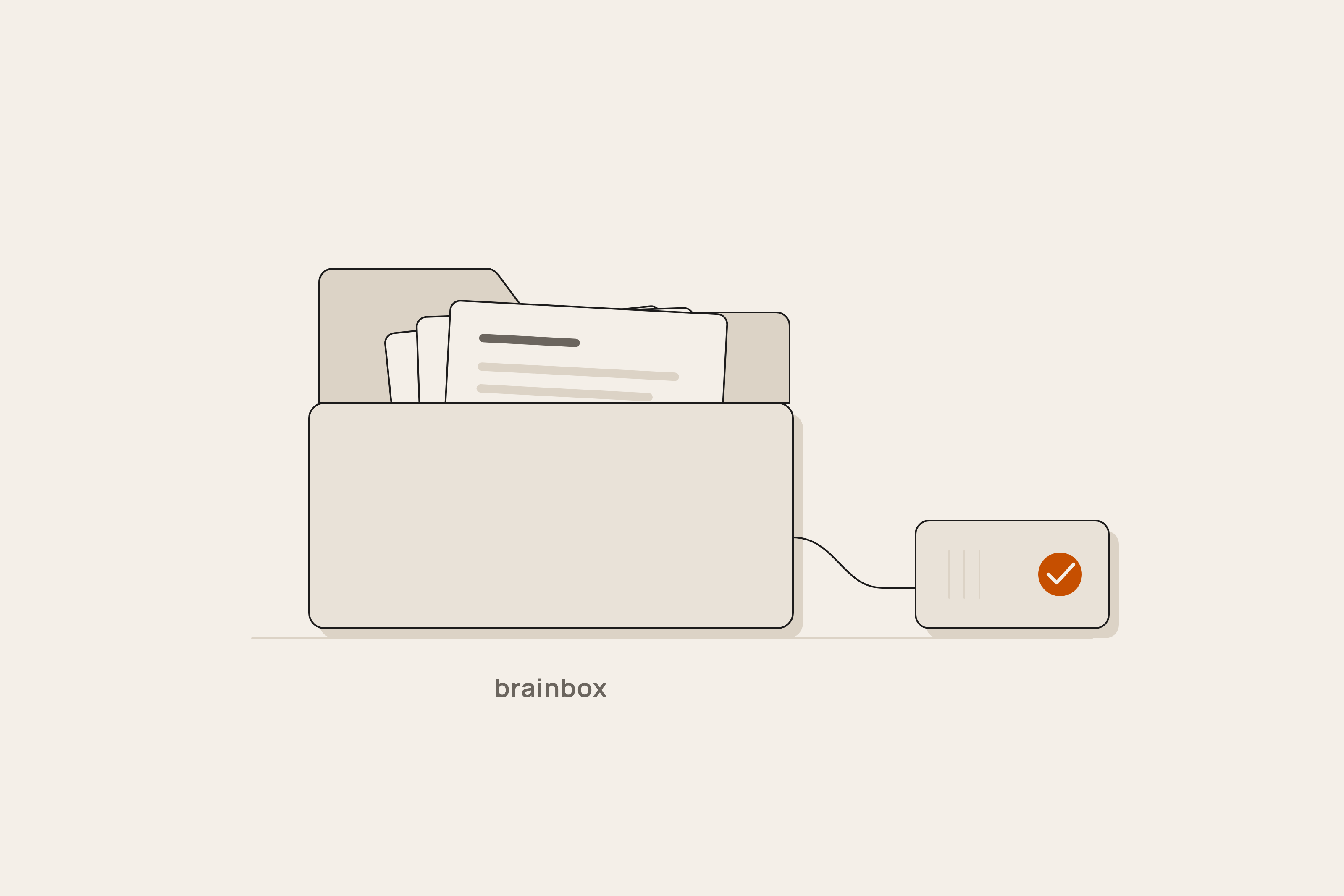 Flat illustration of one folder holding a stack of pages, with a small backup drive beside it joined by a short cable