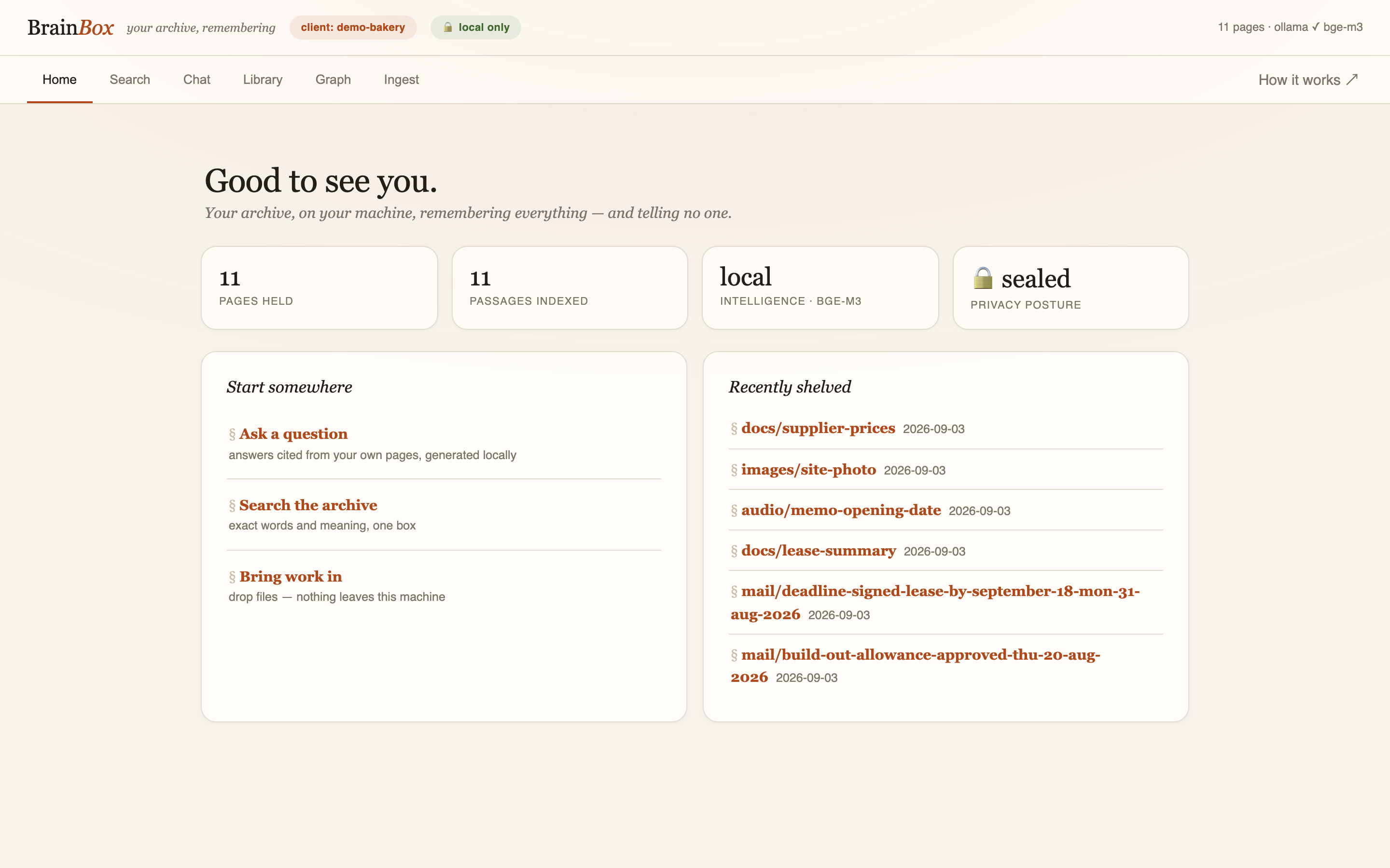 BrainBox home view on the demo archive: eleven pages held, local-only policy, model in use, and a list of recently shelved pages