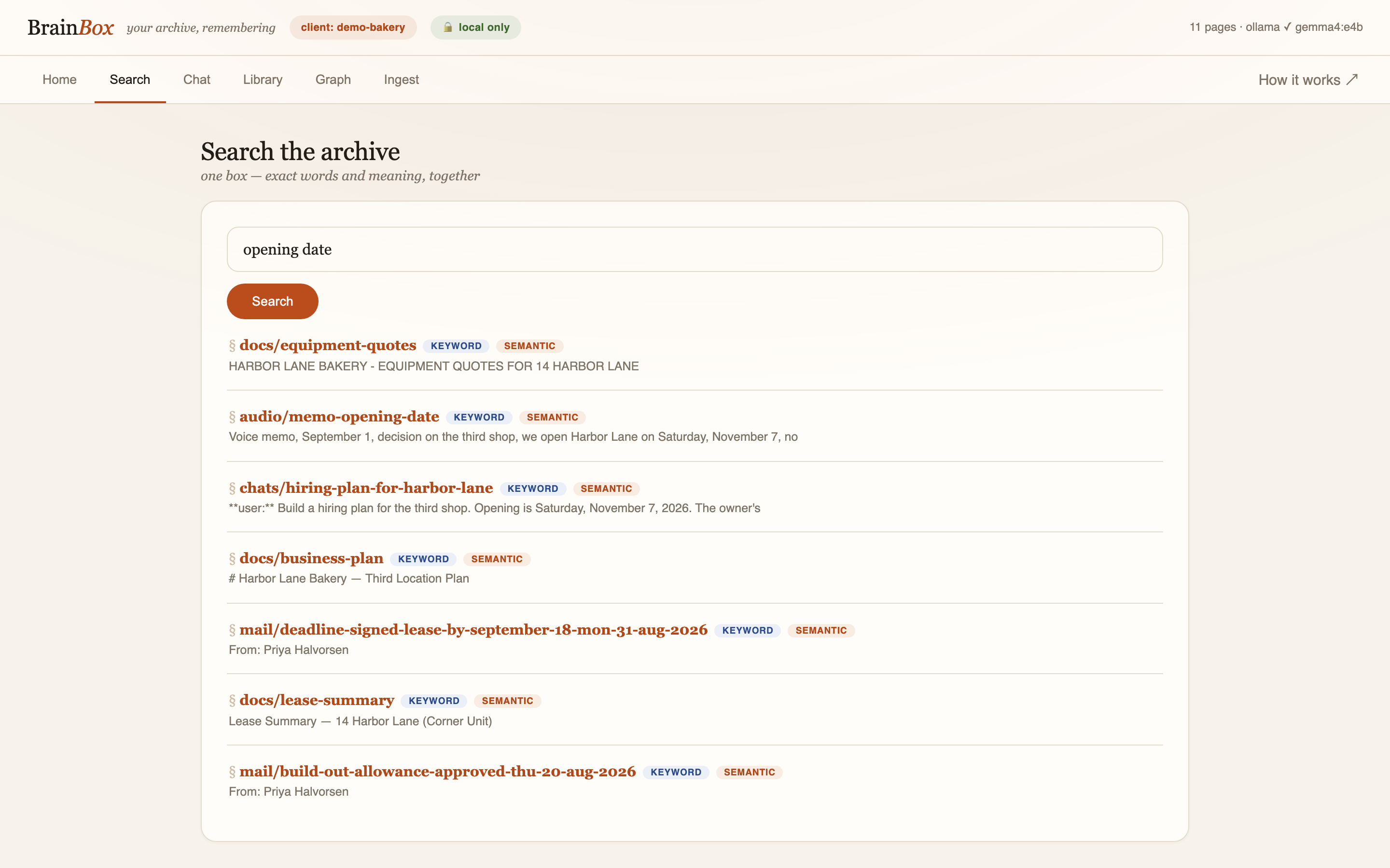 BrainBox search results for the words opening date: a document, an email, and a voice memo in one list, each with its source